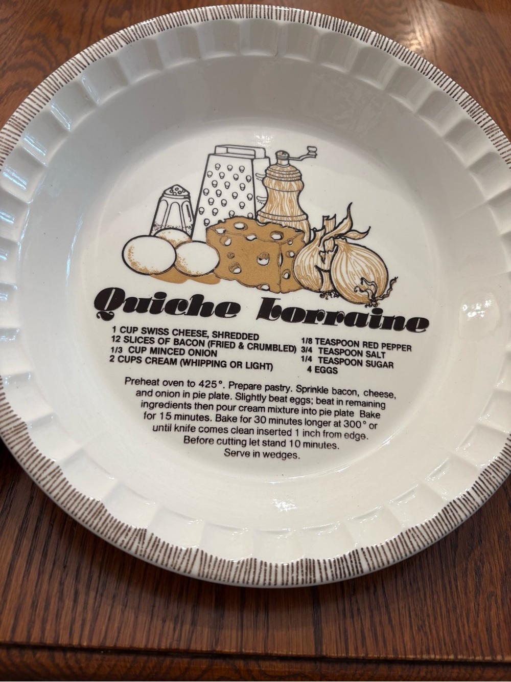 Vintage Quiche Lorraine Recipe Ceramic Pie Plate - White/brown- made in  USA